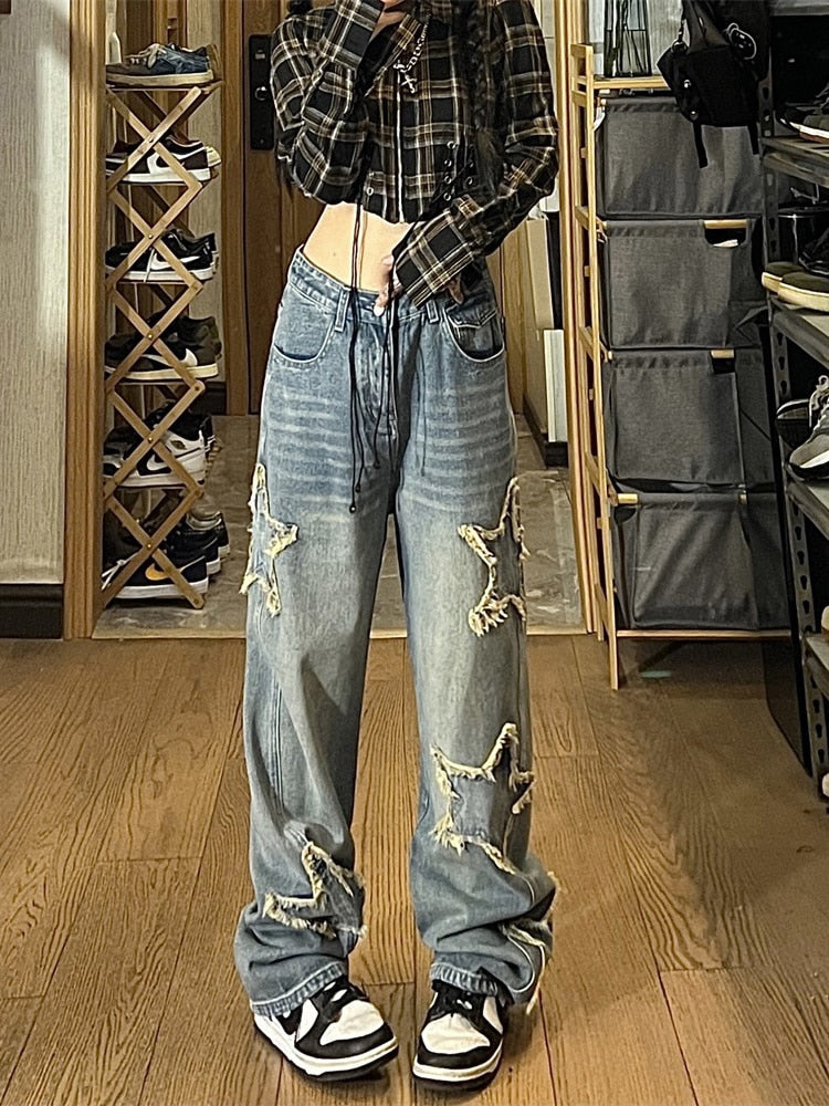 American Brown Jeans Men Washed Gradual Gradient Five pointed Star