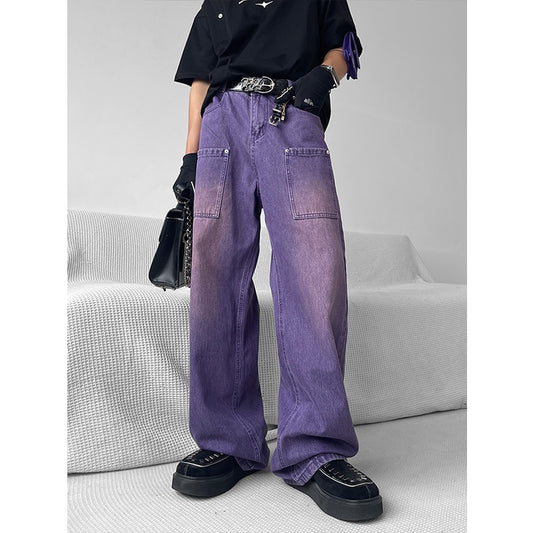 Summer Gradient Purple Vintage Jeans Fashion Pocket High Waist Baggy