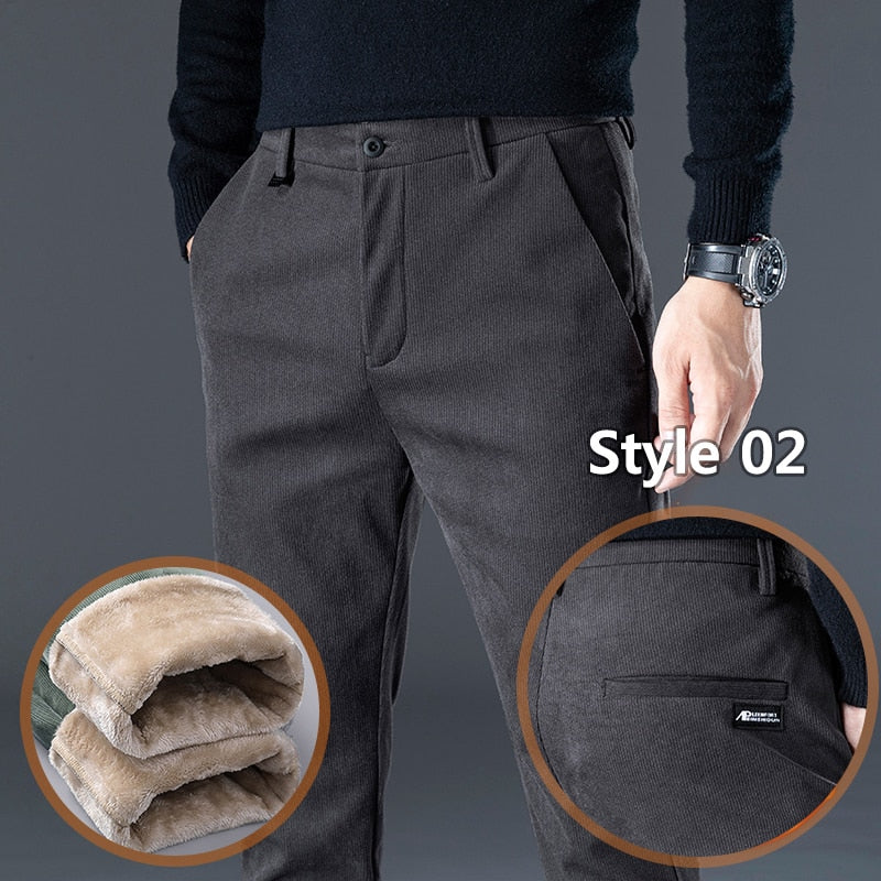 Winter Fleece Warm Corduroy Pants Men Stretch Thick Elastic Waist Fluff Pant