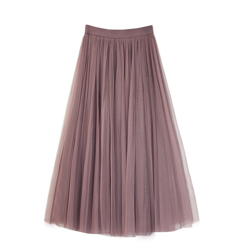 Vintage Bohemian Tulle Long Skirt Women Elastic High Waist  A-line Pleated Mesh
