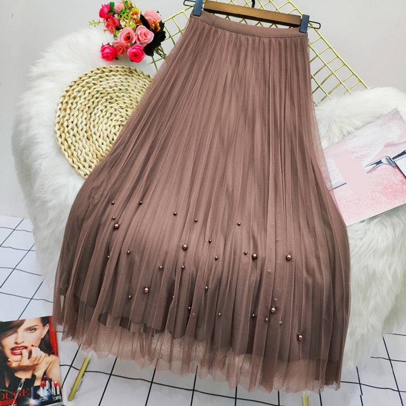 Rimocy Both Sides Wear Pearls Mesh Skirt Women Summer Velvet High Waist