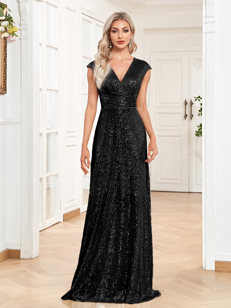 Evening wear Dresses: Women Elegant V-neck Mermaid Evening Dress Floor Length