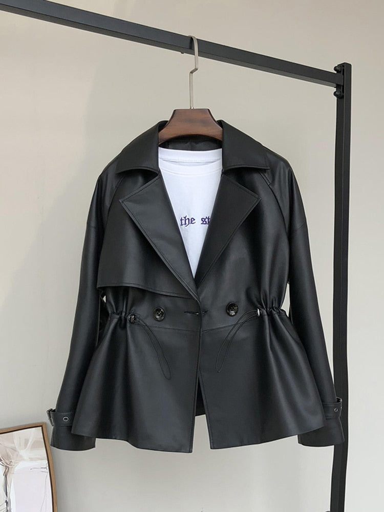 Spring Black Short Soft Faux Leather Trench Coat for Women Coats