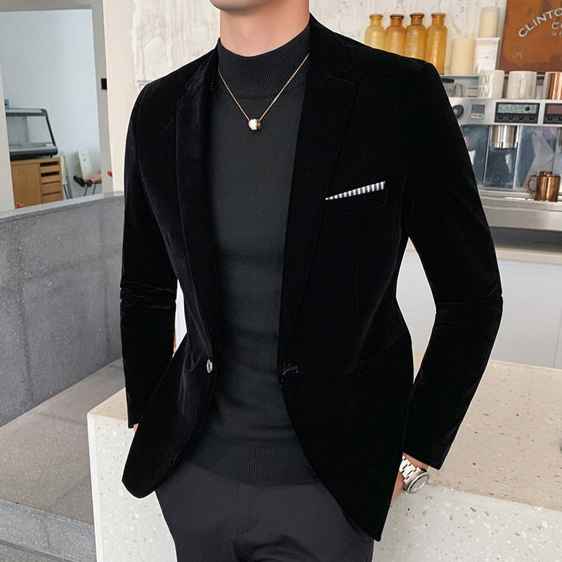 Blazer Fall Winter Velvet Slim Suit Jacket Fashion Men
