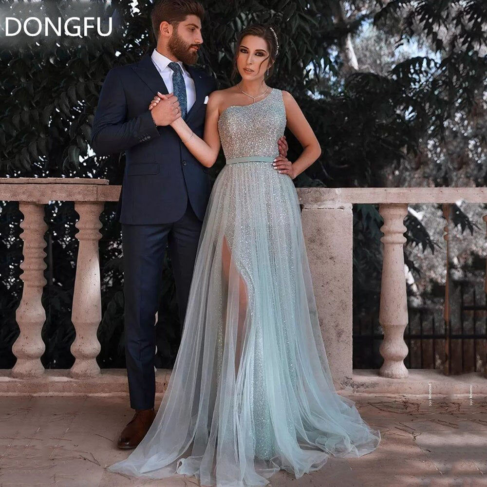 Homecoming Dresses: Sky Blue One Shoulder Sequined Prom Dress