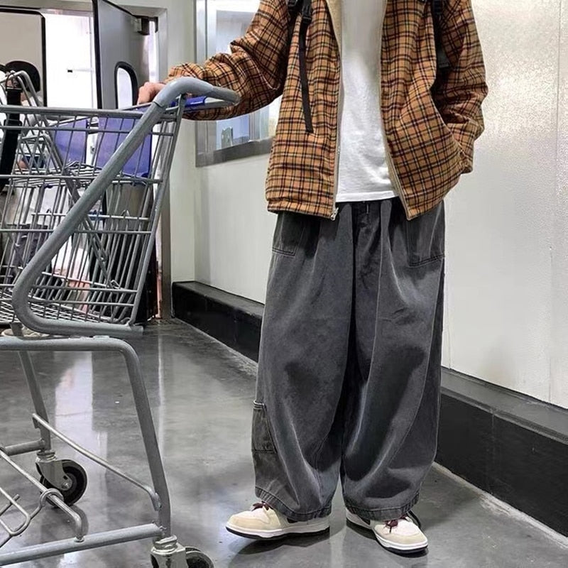 Streetwear  multi-pocket jeans cargo pants Loose Plus Size Wide Leg Pants