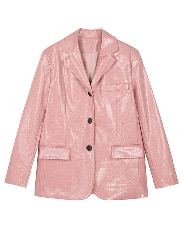 Lautaro Spring Autumn Black Pink Shiny Reflective Crocodile Print Pu Leather Coats
