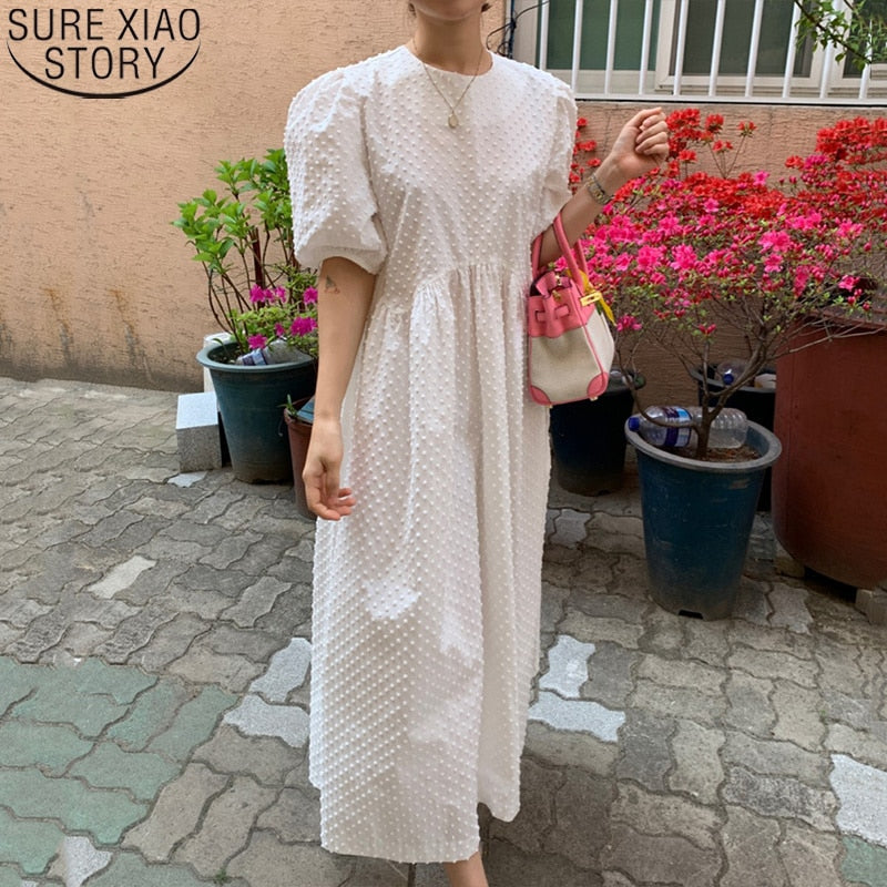 Women Long Dress Summer Casual O-neck Puff-Sleeve Oversize Dots