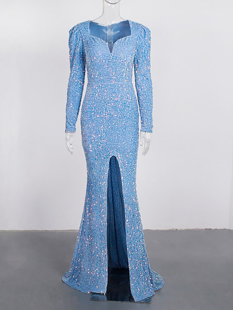 Evening wear Dresses: Sky Blue Long Sleeve Mermaid Wedding Gown Shiny