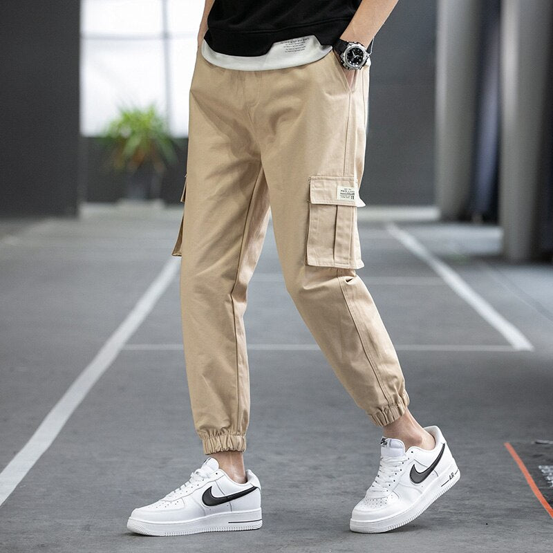 Four Seasons Men Cotton Cargo Pants Plus Size Sports Drawstring