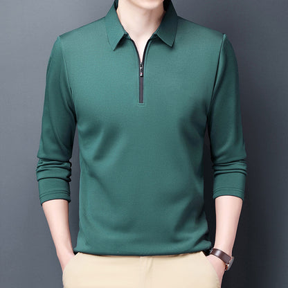 Men Solid Polo Shirt Lapel Long-sleeved Polos Shirt Zipper Collar