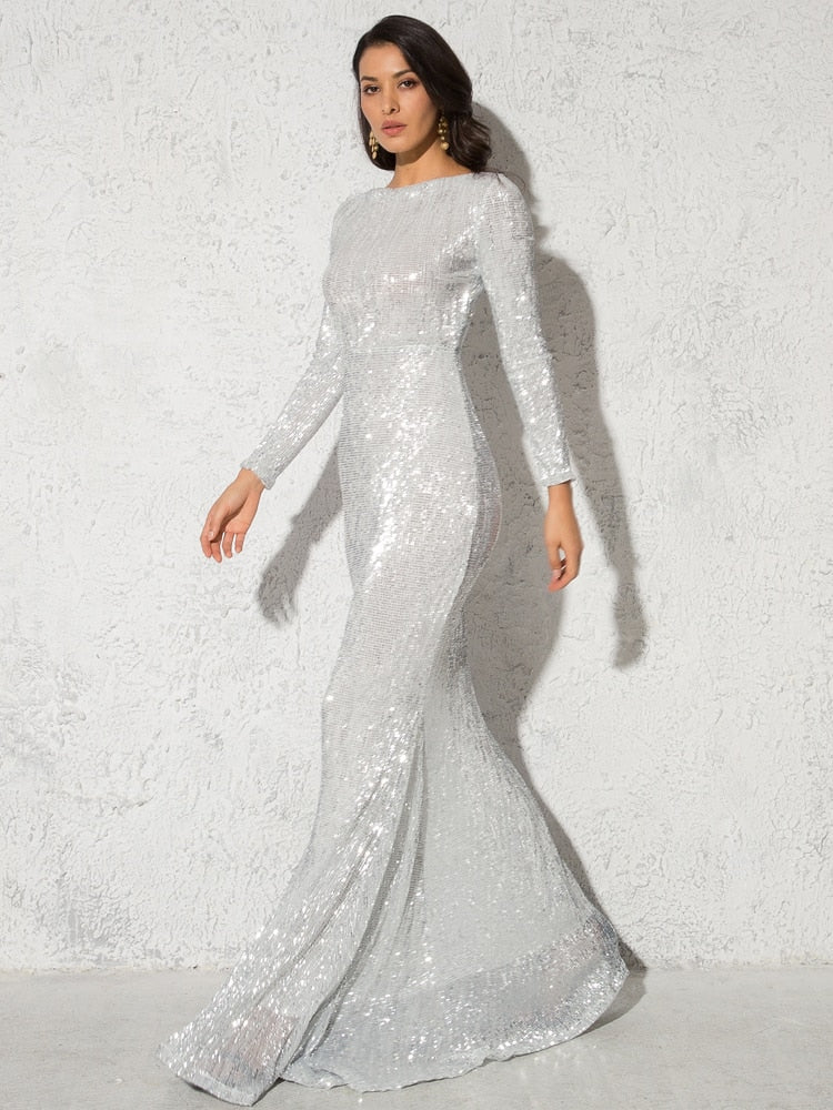 Evening wear Dresses: Mermaid Sequin Evening Gown Burgundy O Neck Stretch