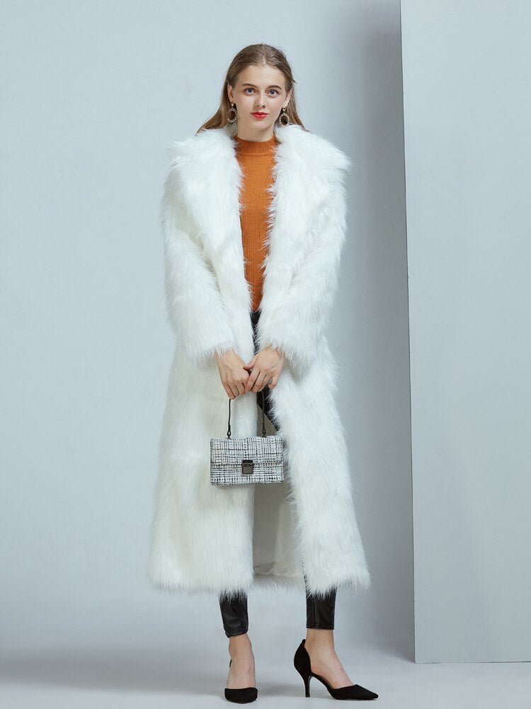 High Street Luxury Long Faux Fur Coat Women Vintage Slim Red Pink Faux fur