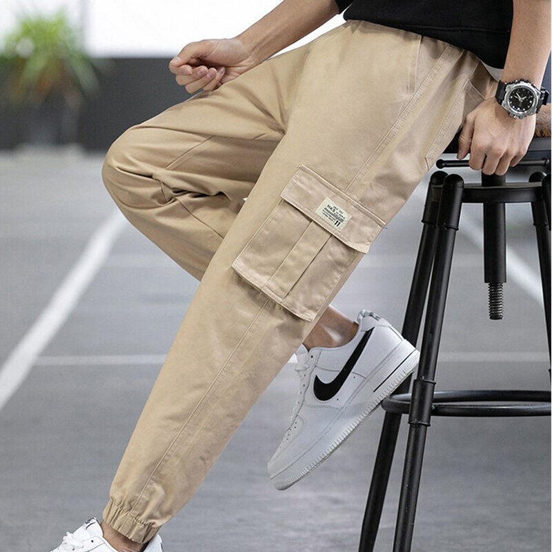 Four Seasons Men Cotton Cargo Pants Plus Size Sports Drawstring