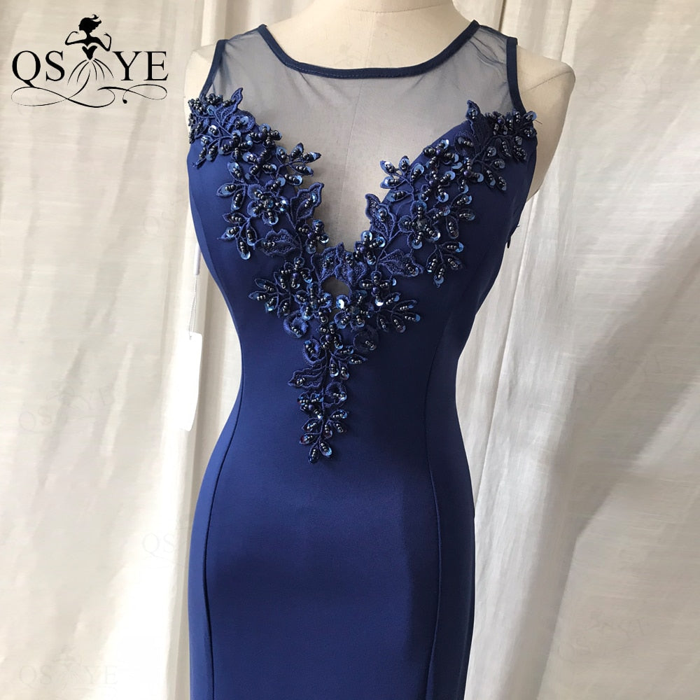 Homecoming Dresses: Navy Prom Dresses Mermaid Beaded Lace Appliques