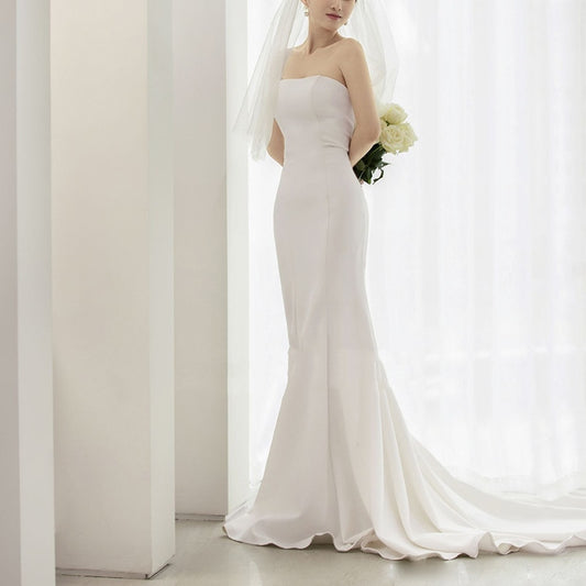 White Bridesmaid Dresses: Wedding Dresses Satin Strapless Sleeveless Small Train