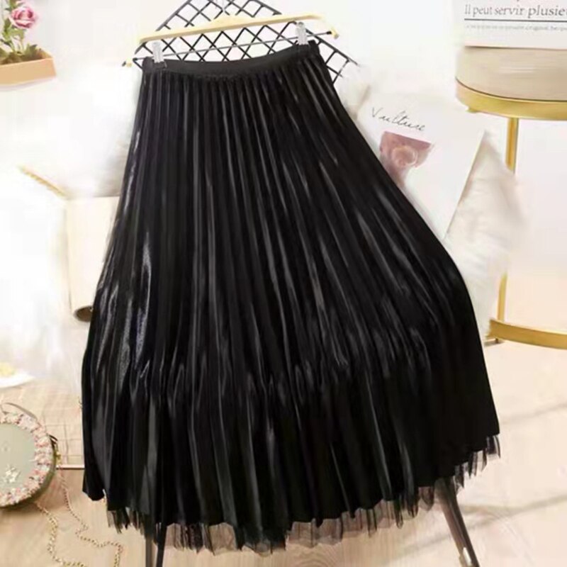 Rimocy Both Sides Wear Pearls Mesh Skirt Women Summer Velvet High Waist