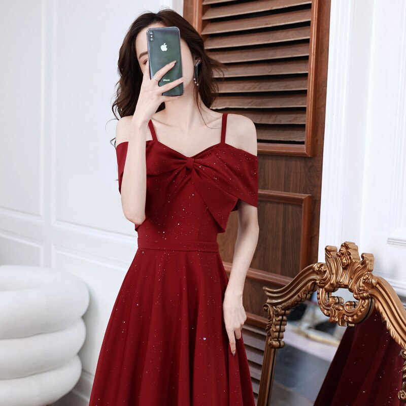 Evening wear Dresses: Women Prom Dresses Burgundy Spaghetti Strap