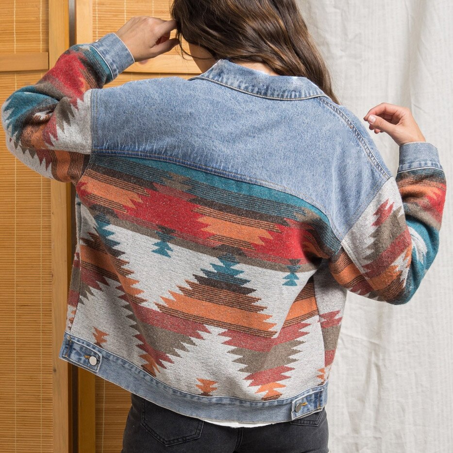 Retro Denim Jacket Long Sleeved Lapel Loose Denim Stitching Woolen