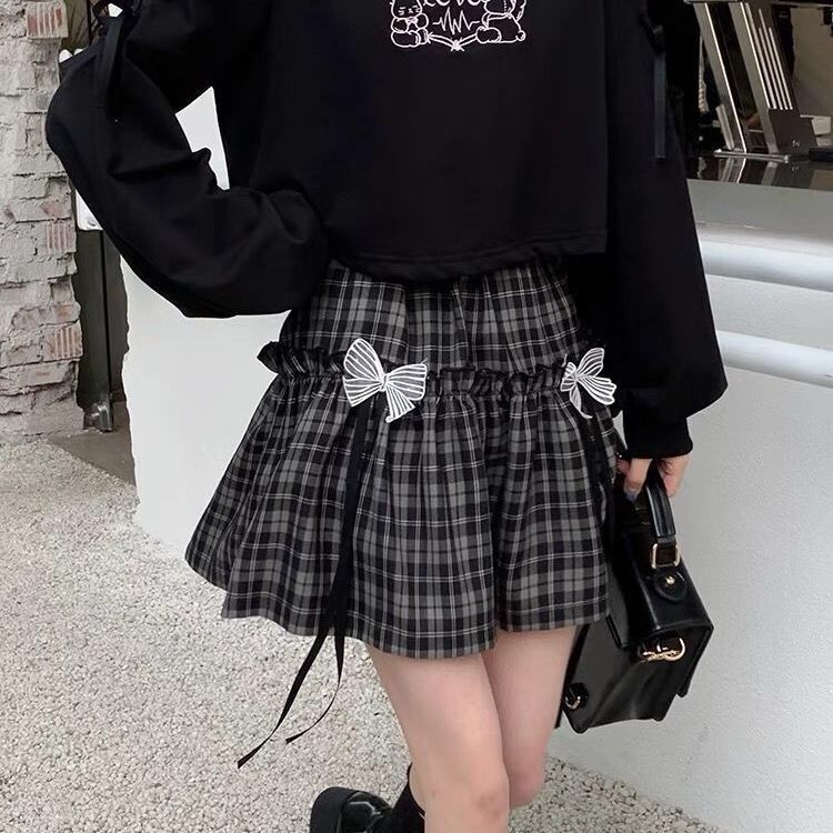 Kawaii Gothic Lolita Plaid Skirt Women Goth Bow Black High Waist A-line
