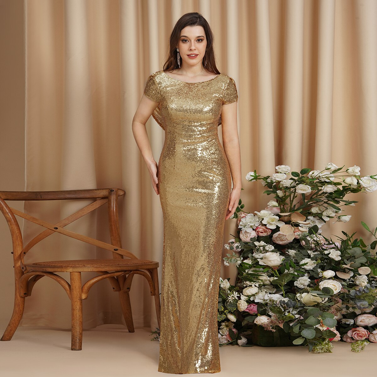 Homecoming Dresses: Gold Prom Gowns for Women Features Sequins Low Cowl Back