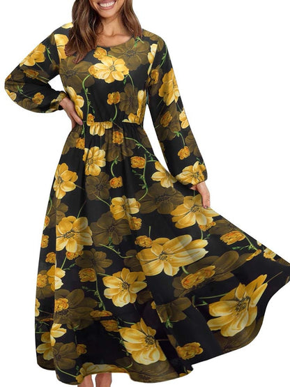 Elegant Floral Print Women Dress Spring Summer Casual O Neck Long Sleeve