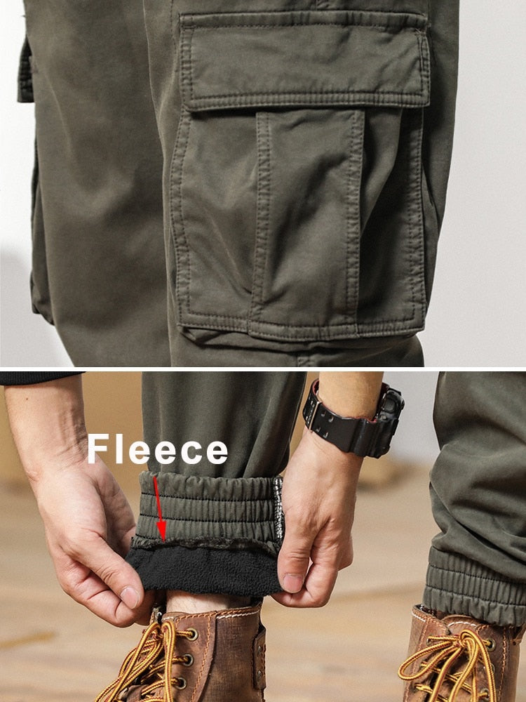 Multi-Pockets Winter Cargo Pants Men Fleece Liner Thick Warm Slim