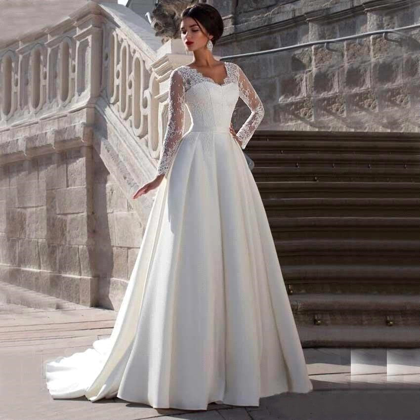 White Bridesmaid Dresses: Modest Lace Appliqued A-line Satin Wedding Dress