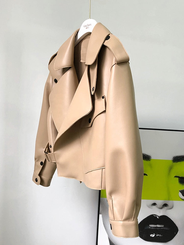 Fashion Faux Soft Leather Jacket Women Loose PU Leather Short Coat One