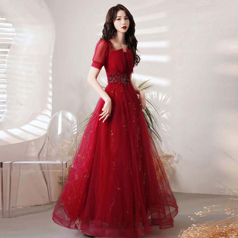 Evening wear Dresses: Red Evening Dresses V-Neck Tulle Sequins Party Gowns