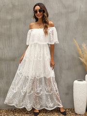 Summer Boho Women Maxi Dress Loose Embroidery White Lace long Tunic Beach Dress