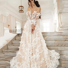 Wedding Dresses O Neck Movable Sleeves Illusion Appliques Sweep Train