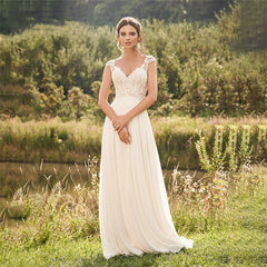 Wedding Dress A Line Cap Sleeves Illusion Back For Women V Neck Bridal Gowns