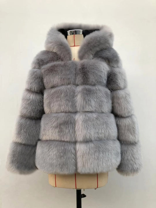 Winter Thick Warm Faux Fur Coat Women Furry Hooded Long Sleeve Faux Fur