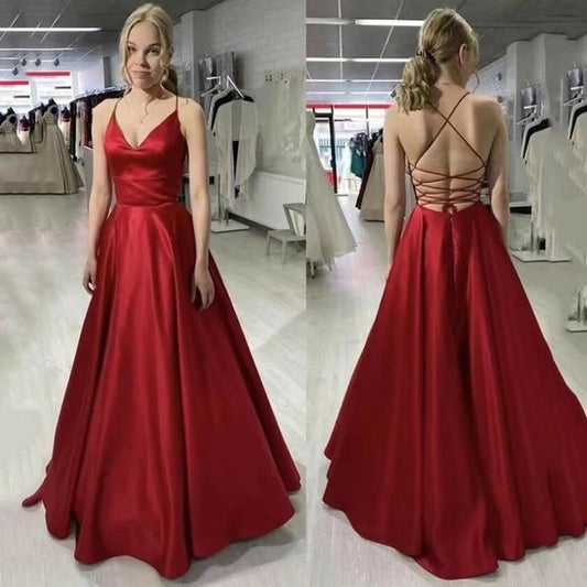 Homecoming Dresses: Burgundy Spaghetti Satin Long V-Neck Evening Dresses