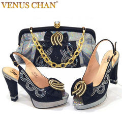 Shoes for Women Rhinestone Bow Pumps Black Color Fashion Party Wedding Shoes and Bag Set