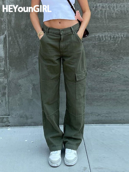 Vintage Green Cargo Pants Women Fashion Cotton High Waist Jeans Army Military