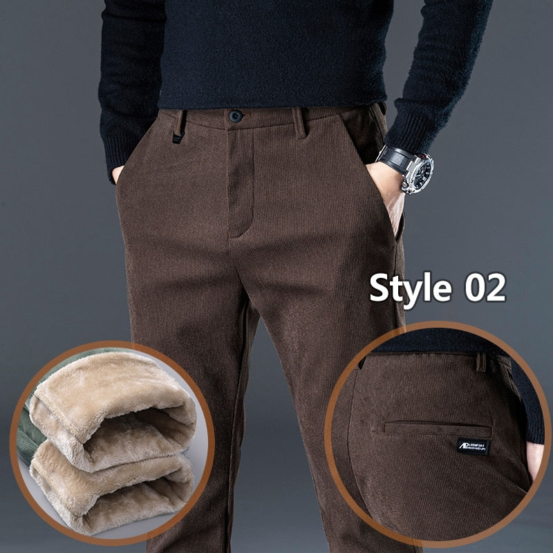 Winter Fleece Warm Corduroy Pants Men Stretch Thick Elastic Waist Fluff Pant