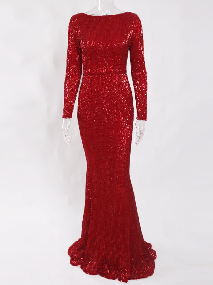 Homecoming Dresses: Long Sleeve Maxi Prom Dress Sequin Stretchy O Neck Full Lining