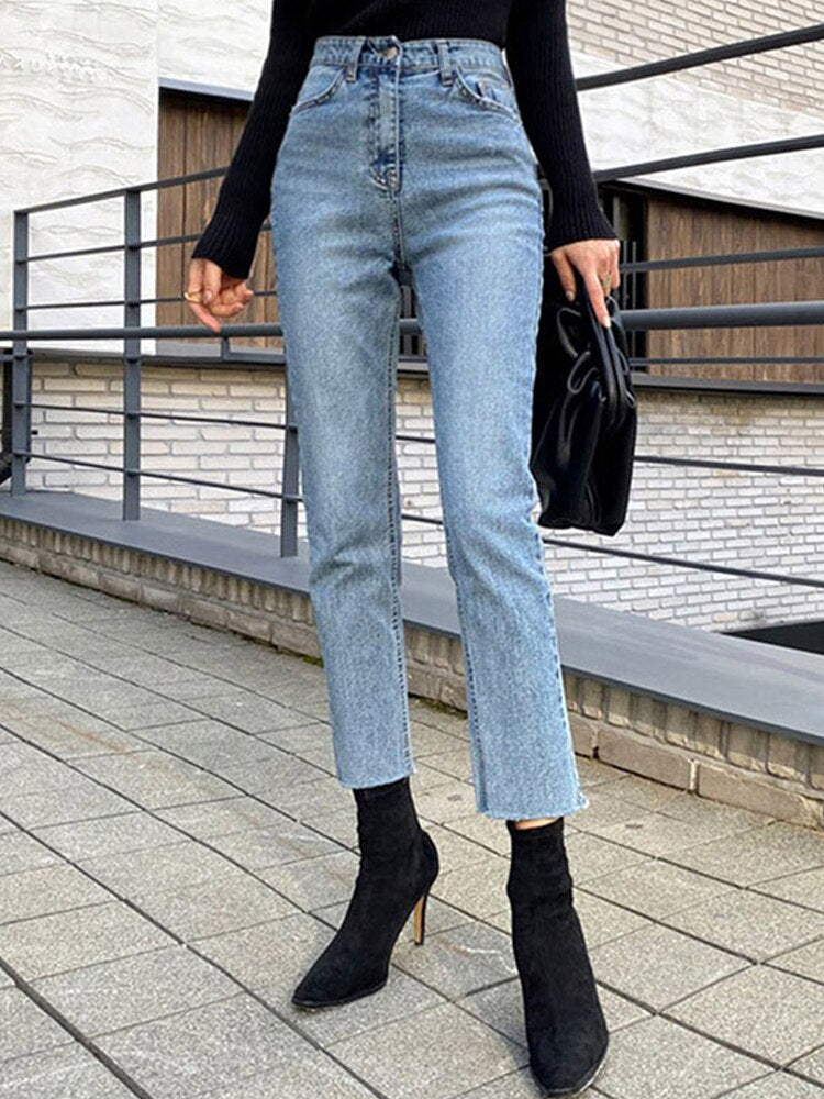 Classic Jeans For Women High Waist Ankle Length Straight Pants Fashion Slim