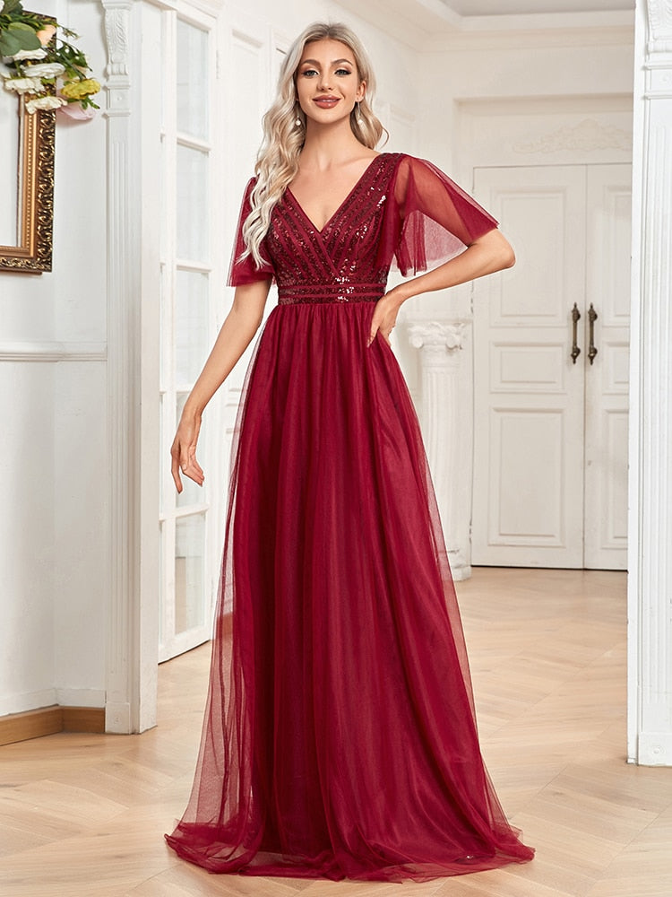 Evening wear Dresses: A-LINE Chiffon Short Sleeve V-Neck Simple Sequins Wedding