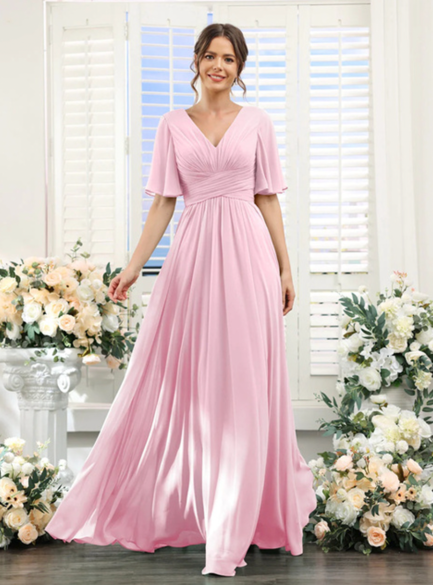 Evening wear Dresses: Half Sleeves Split Side Chiffon Bridesmaid Dresses