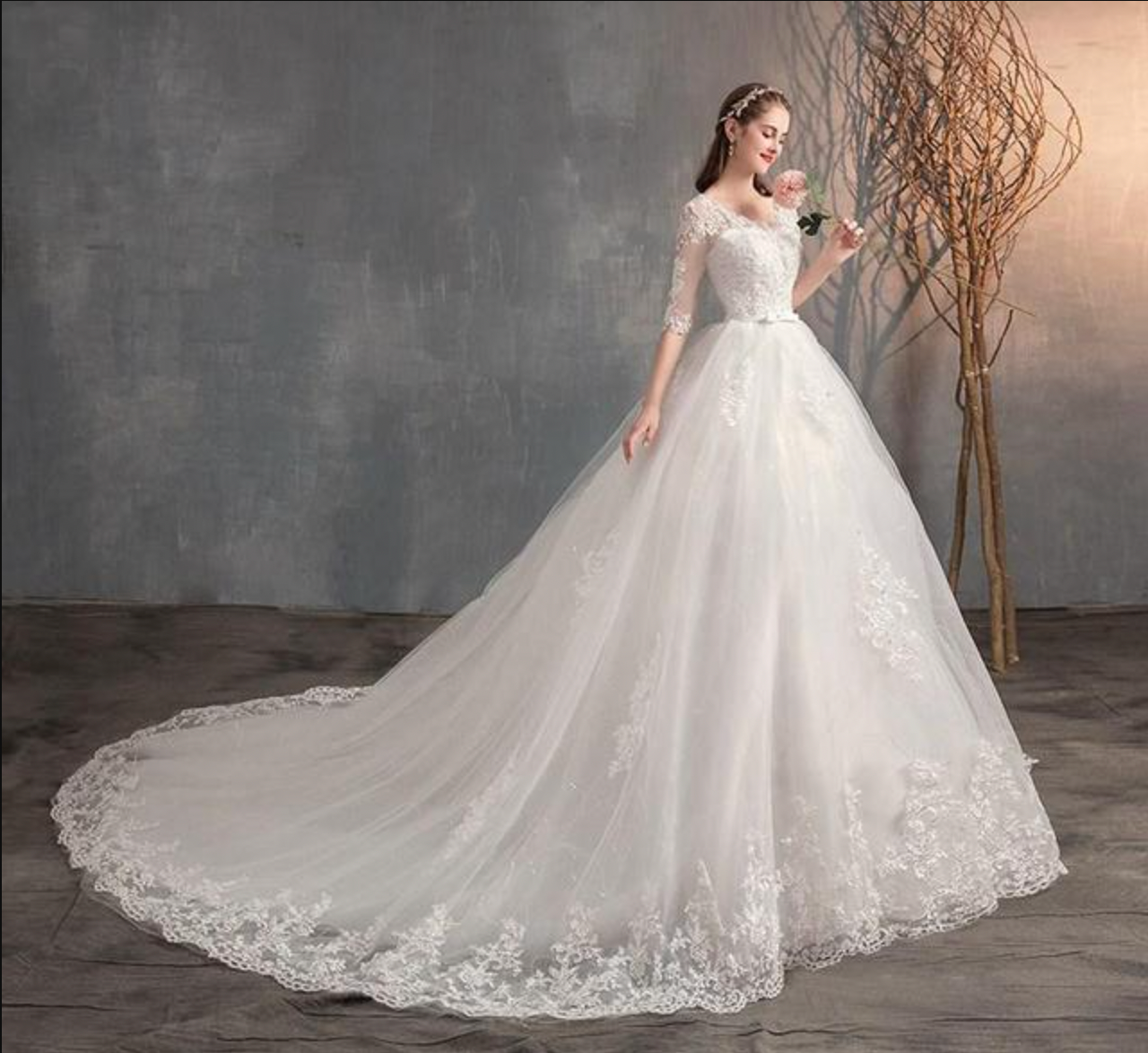 White Bridesmaid Dresses: Bride Dress With Train Ball Gown Princess Classic