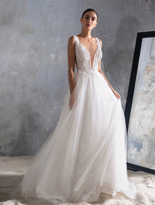 Wedding Dress White Tulle Long V-neck A-line