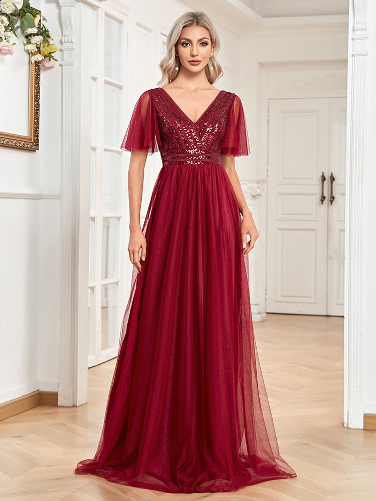 Evening wear Dresses: A-LINE Chiffon Short Sleeve V-Neck Simple Sequins Wedding