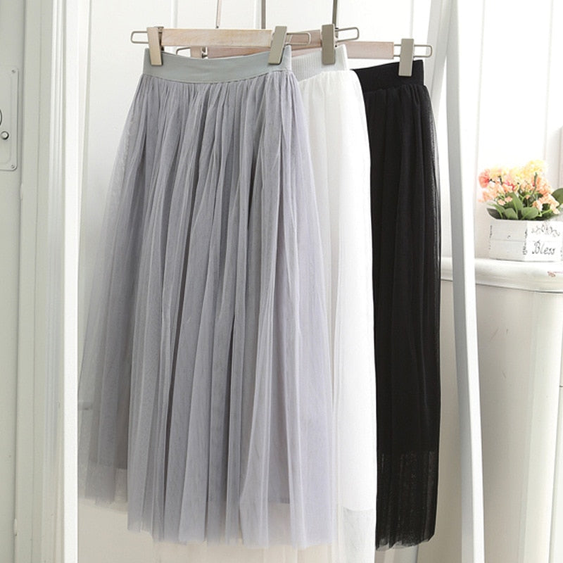 Vintage Bohemian Tulle Long Skirt Women Elastic High Waist  A-line Pleated Mesh