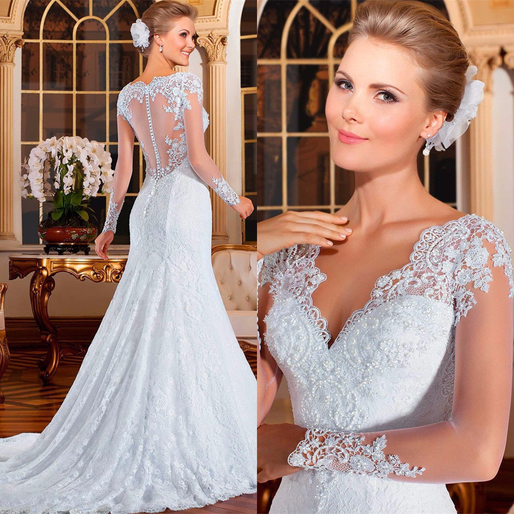 White Bridesmaid Dresses: Wedding Dress Small Pearls Beaded Embroidery Lace Mermaid