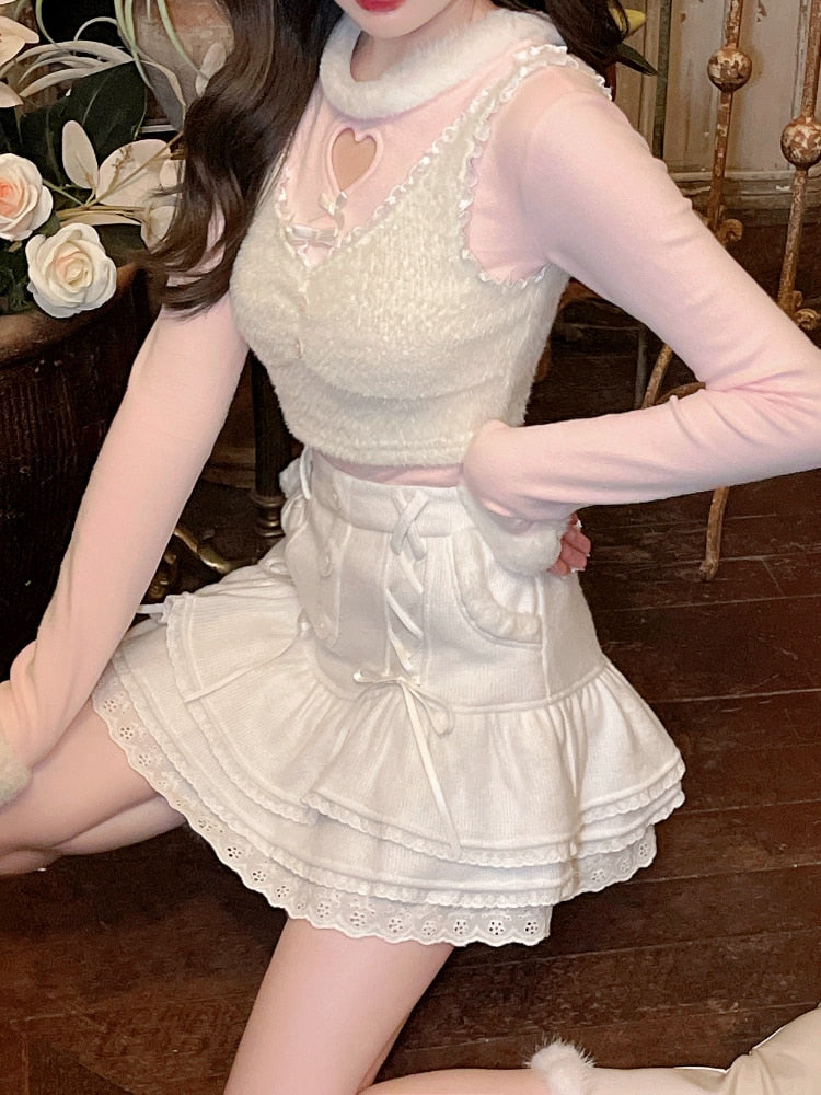 Kawaii Lolita Mini Skirt Women Winter Lace Casual Elegant Sweet Female Skirt