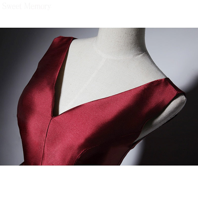 Homecoming Dresses: V-Neck Wine Red Satin Prom Dresses Woman Lace Up Wedding