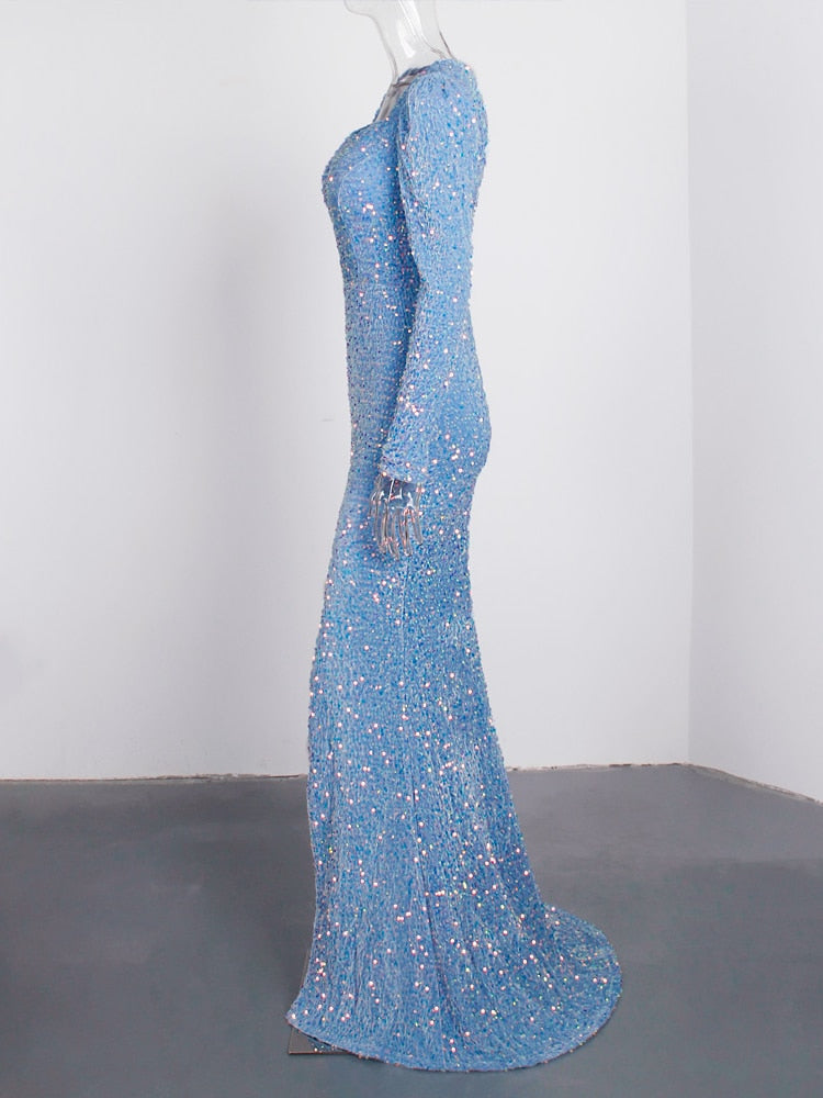 Evening wear Dresses: Sky Blue Long Sleeve Mermaid Wedding Gown Shiny
